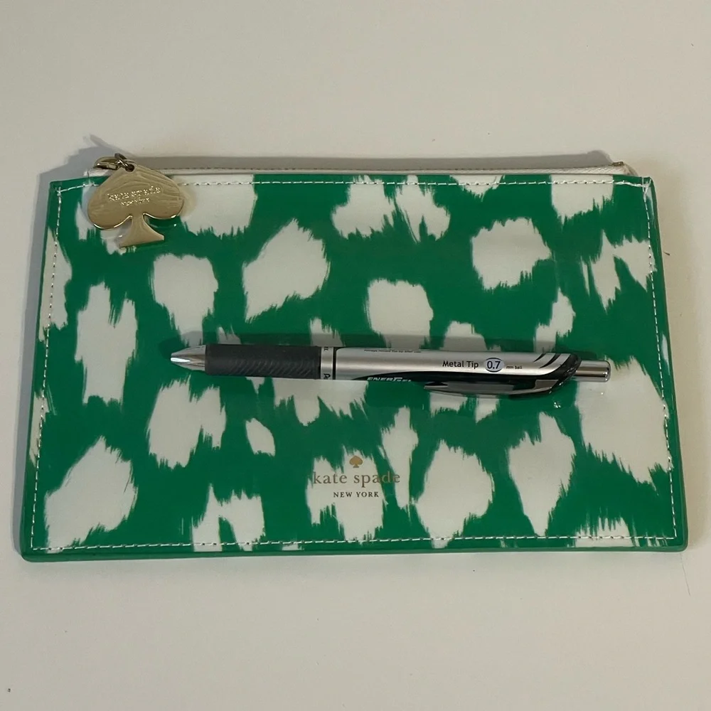 kate spade Green Leopard Print Pencil Pouch Makeup Cosmetic Bag